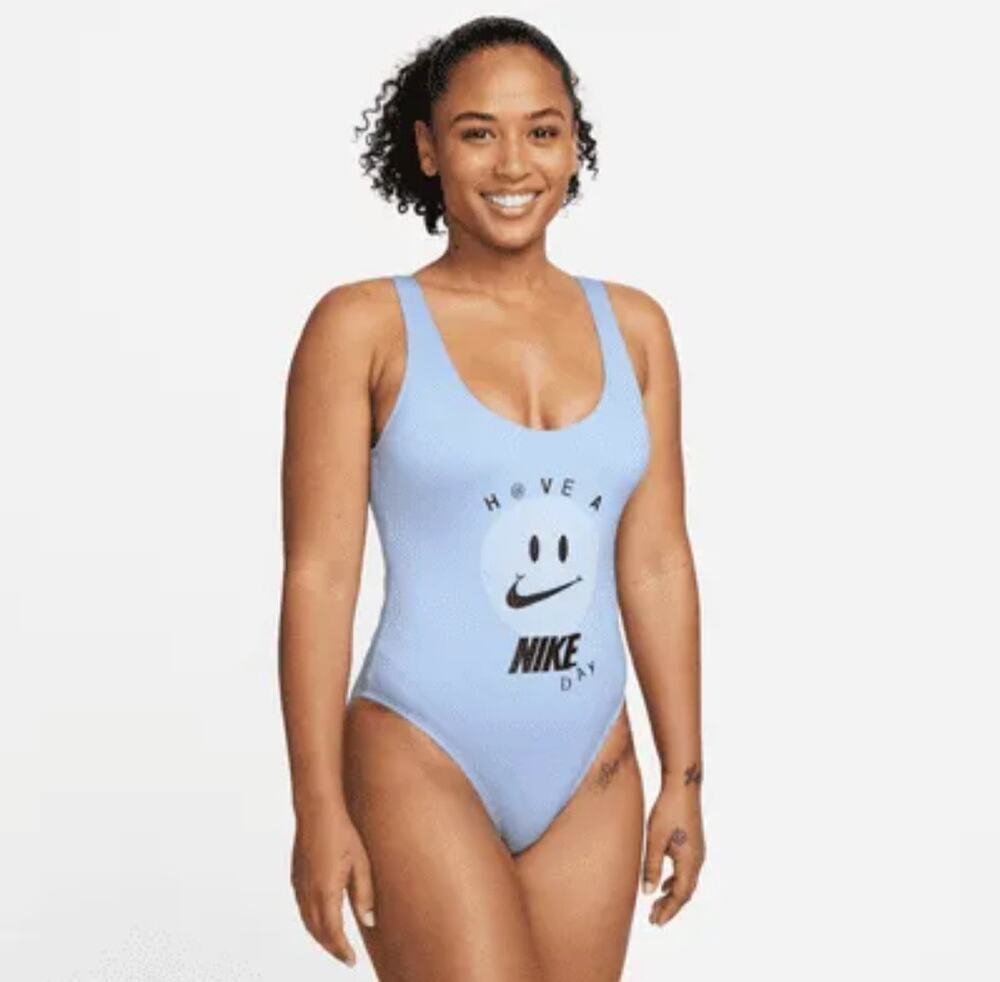 Nike One Piece Light Blue Swimsuit with Smiley Face & Logo Size Large